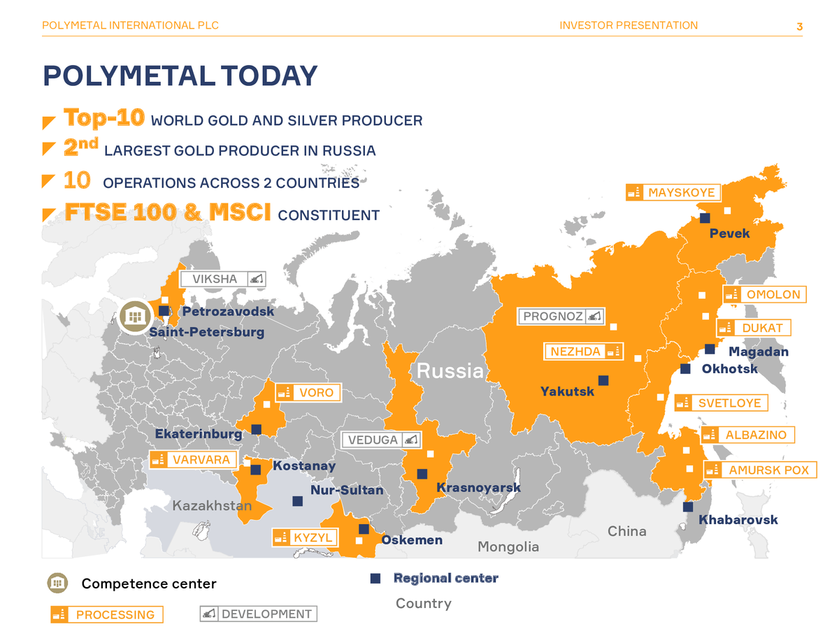 Добывающие предприятия Полиметалла. Строящиеся заводы показаны синим.