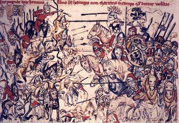 Битва при Лигнице в Польше 9 апреля 1241 между монголами (слева) и польско-немецким войском. Миниатюра из Hedwig-codex, 1353 год.