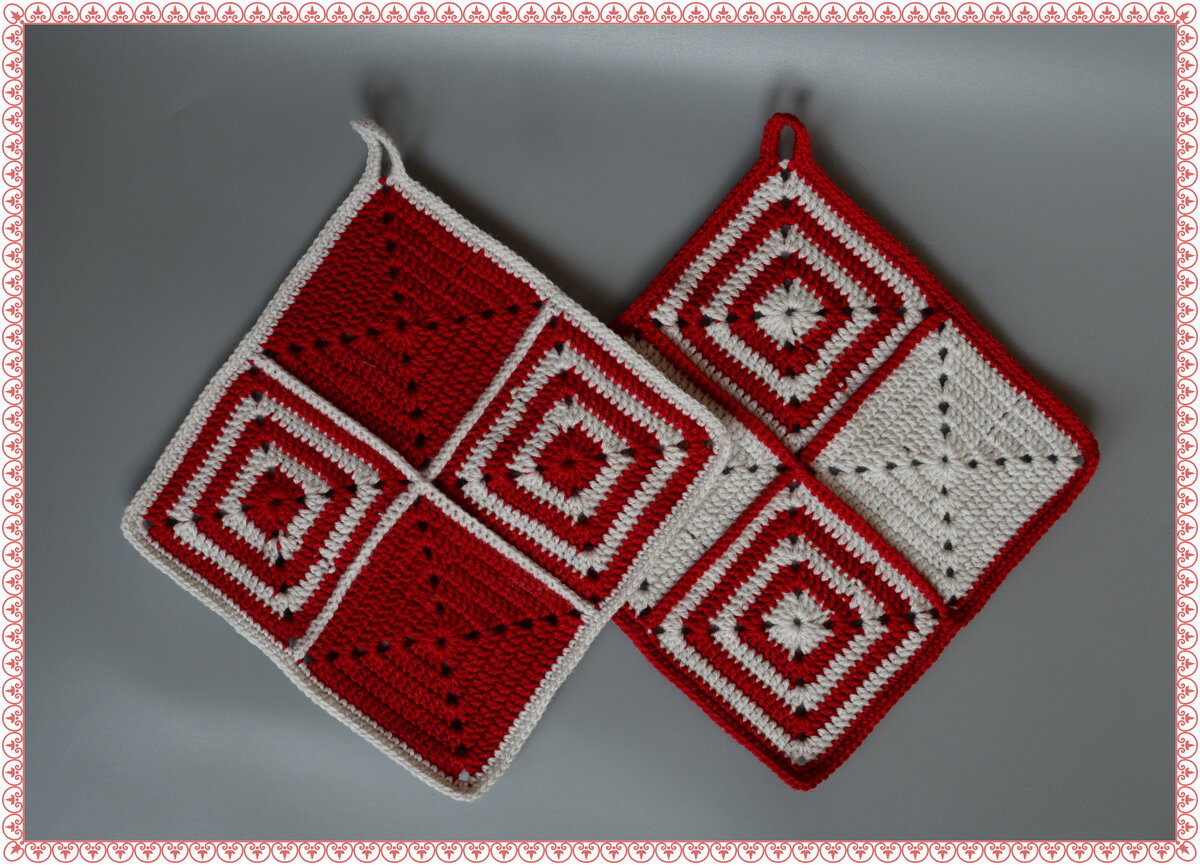 Прихватки, сложенные из квадратных мотивов