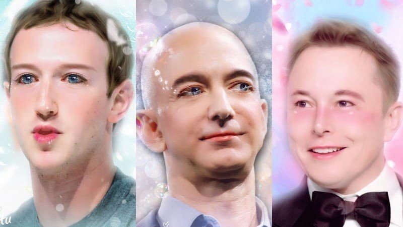  Марк Цукерберг, Джефф Безос и Илон Маск после обработки фоторедактором Meitu.  Как вы думаете, они выглядят лучше?