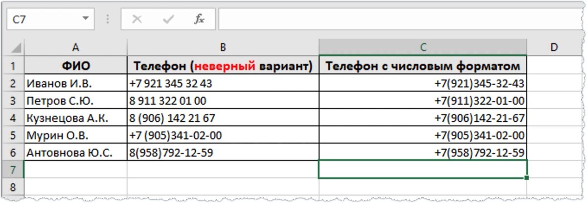 Телефонные номера отформатированы с помощью числового формата