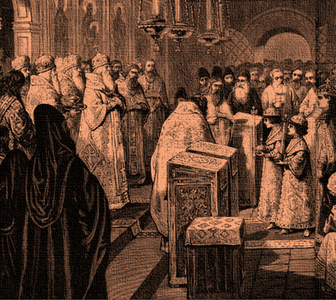 Венчание на царство Ивана и Петра Алексеевичей. 25 июня 1682-го года. Гравюра по рисунку К. Броже (в реальности это оттиск с гравюры-тогдашней фотографии). 