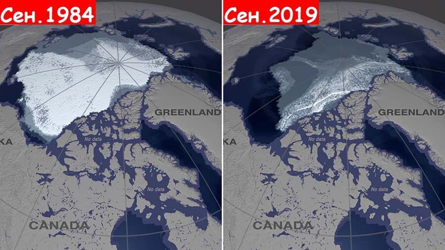 Уменьшение ледяного покрова в Арктике с 1984 по 2019 год