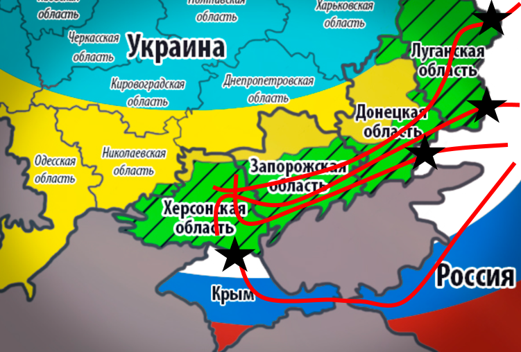 Красными линиями схематично показаны дороги, по которым можно было добраться из России в Крым и Херсон. А чёрными звёздами схематично - таможенные посты.