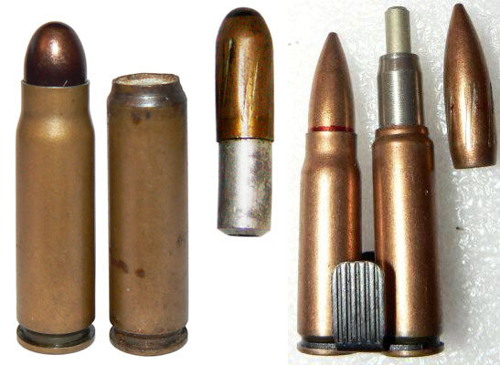 Специальные бесшумные 7,62 мм патроны СП-2 (слева) и СП-3 (справа).