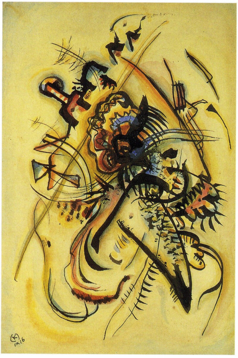 "Незнакомому голосу"  1916  Акварель, тушь, бумага. https://www.wassilykandinsky.ru/work-99.php