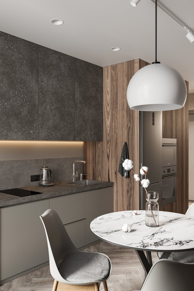 На фото в галерее: пример проекта квартиры под сдачу, кухня