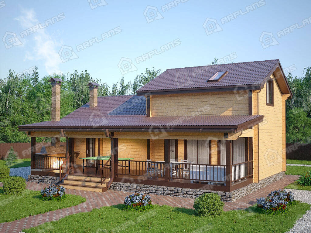 Фото 1 двухэтажной бани из бруса с комнатой отдыха, вторым светом и террасой. Общая площадь 130 кв м. Источник arplans.ru Проект Б-037