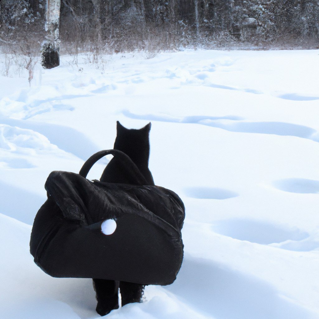 Кот, уходящий с сумочкой в зимний лес