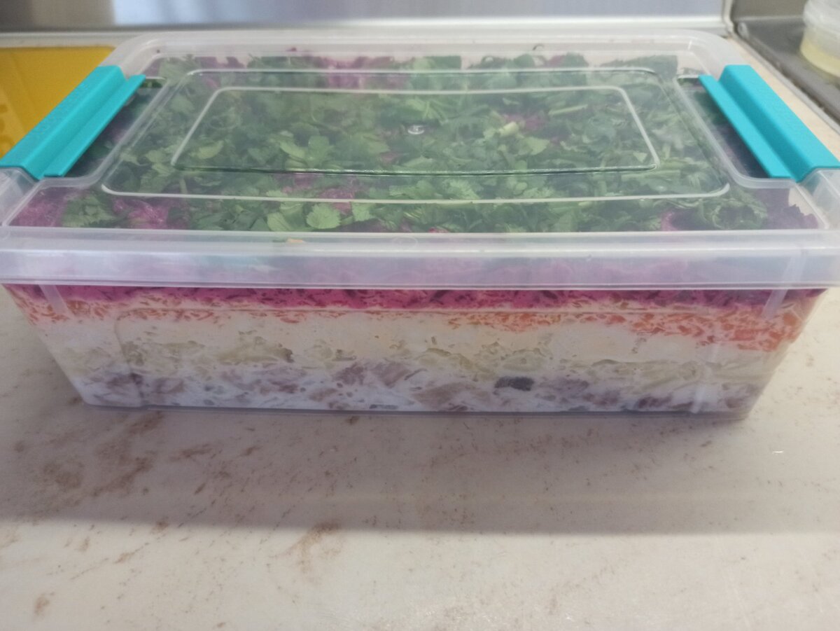 После 6 дней хранения в холодильнике. Сельдь снизу, сверху кинза.