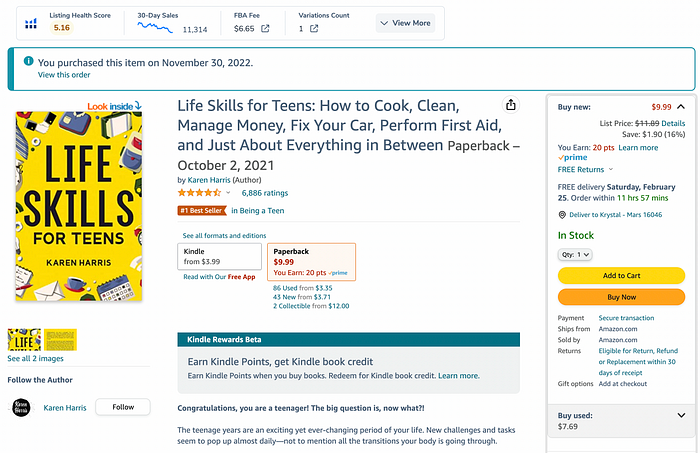 Скриншот страницы продаж Life Skills for Teens на Amazon