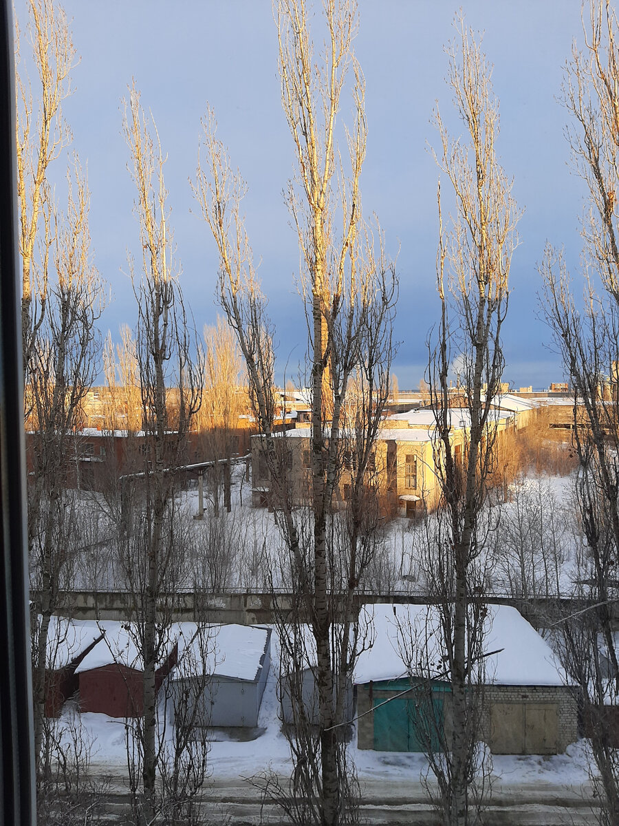 Именно такой вид из моего окна, что выходит на восток. Это заводская территория и гаражи местных жителей. Фото автора.