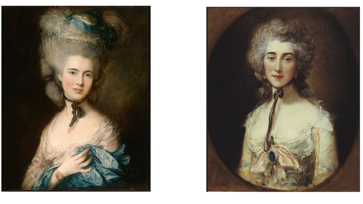Художник Томас Гейнсборо. Слева – "Дама в голубом", ок.1780 (Эрмитаж, Санкт-Петербург). Справа – "Портрет Грейс Д. Эллиот", 1782 (Коллекция Г.Фрика, Нью-Йорк)
