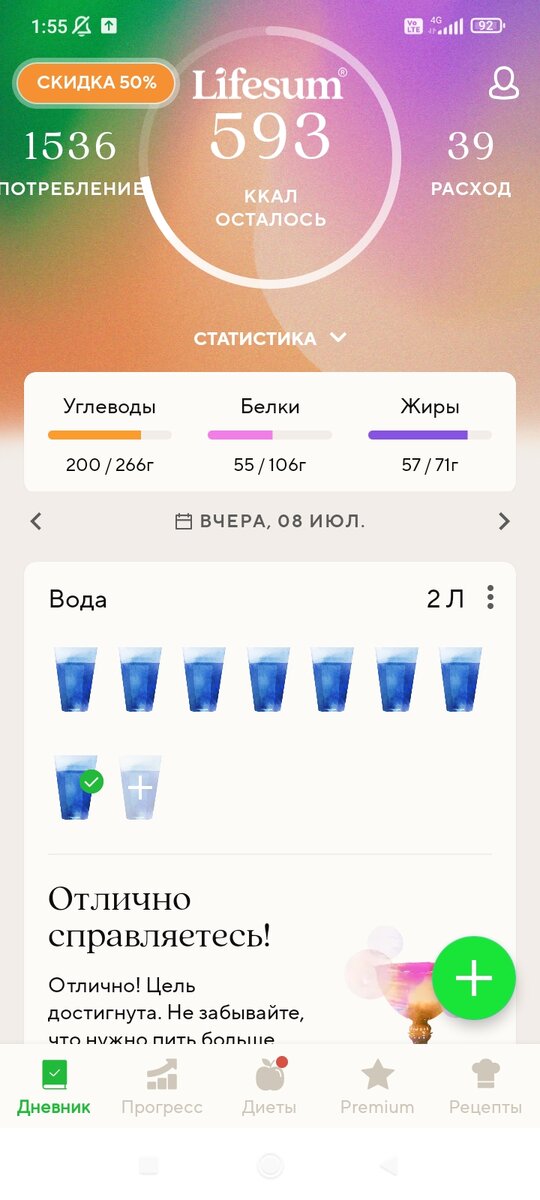 Итоги подсчёта калорийности дневного рациона