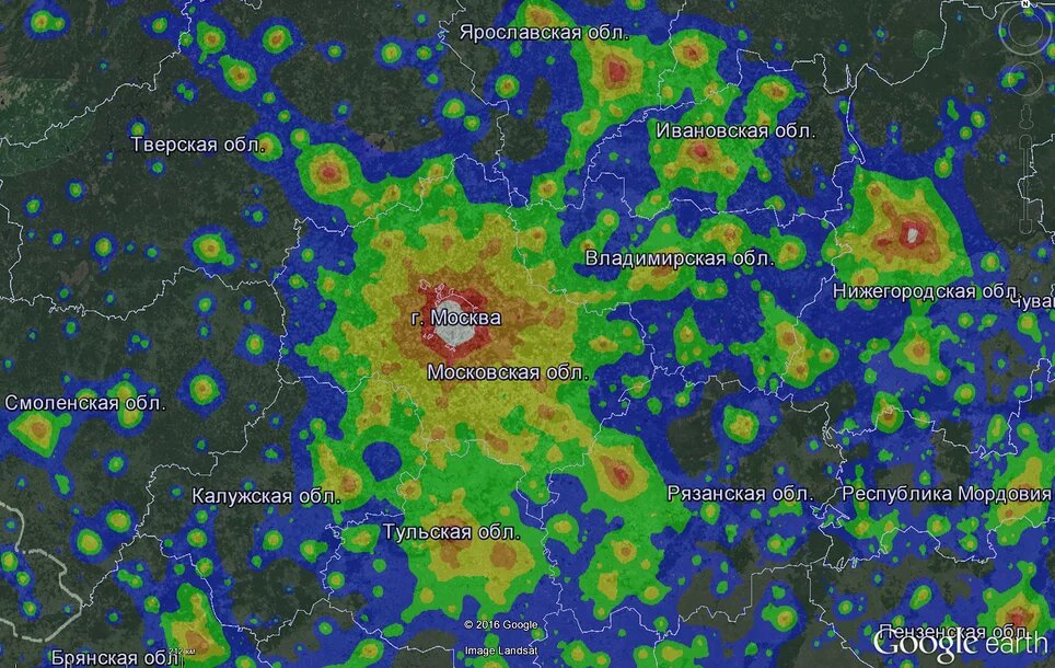 Карта светового загрязнения россии