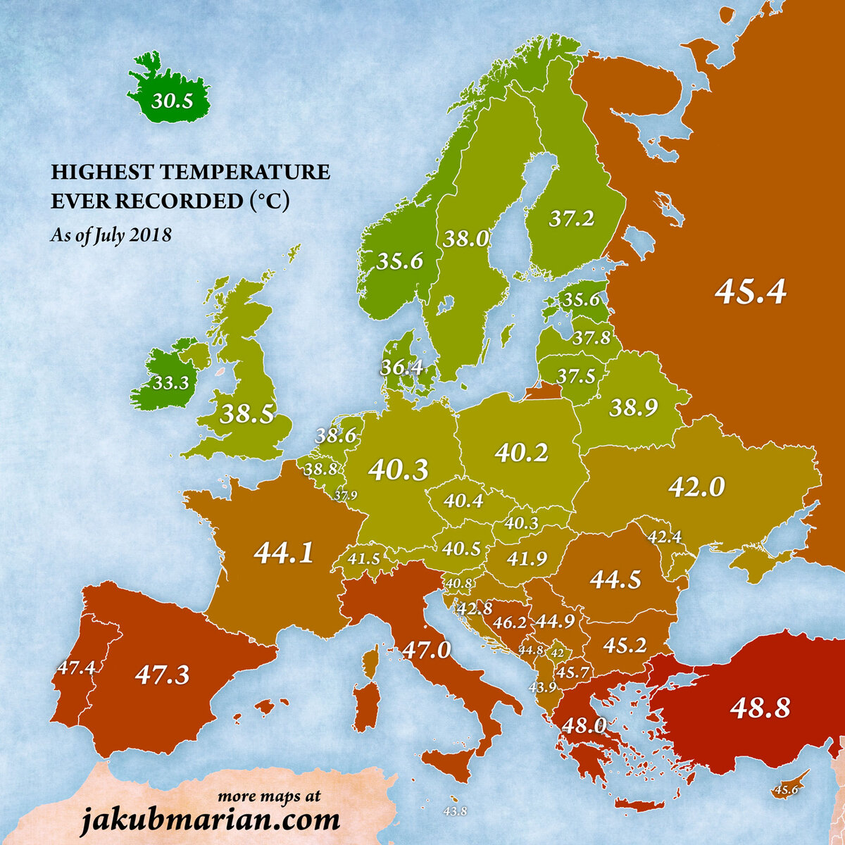 Самая высокая зарегистрированная температура по странам в Европе | Maps &  Data | Дзен