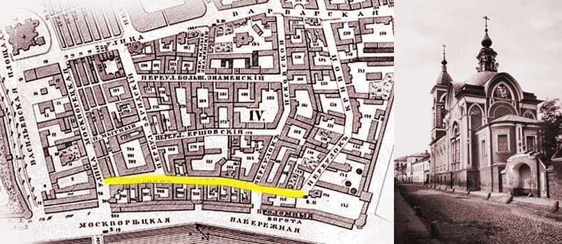 Мокринский переулок на карте Москвы 1853 года ( отмечен желтым цветом) и храм Николы Мокрого (на фото справа).