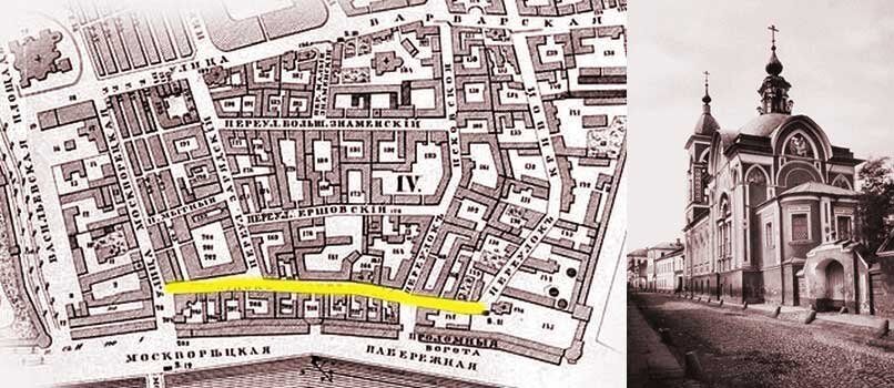 Мокринский переулок на карте Москвы 1853 года ( отмечен желтым цветом) и храм Николы Мокрого (на фото справа).