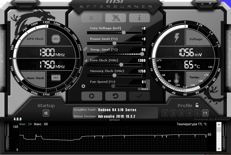 Напряжение прыгало с 1056 до 1075mV. На температуру не обращайте внимание, это мне потом пришлось еще раз игру запускать, чтобы сделать скриншот. Реальная температура в игре и энергопотребление далее.