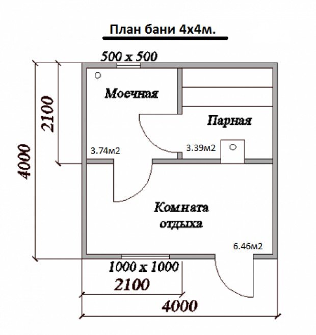 Планировка небольшой бани с парилкой и комнатой отдыха