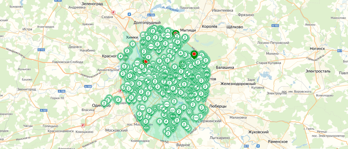 Зона покрытия YouDrive в Москве по состоянию на 22 августа