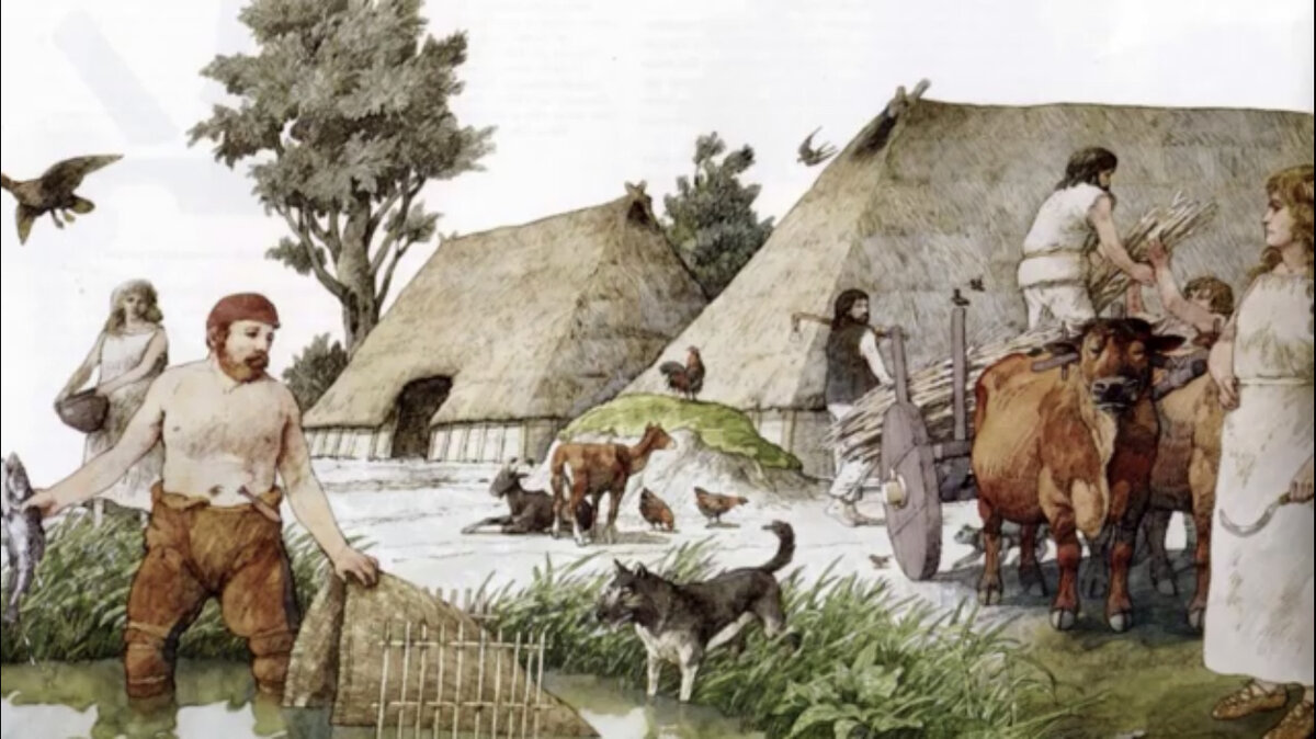 Именно так могла выглядеть деревушка, в которой жила девочка. Реконструкция деревни в Северной Европе в железном веке / скриншот: https://www.youtube.com/watch?v=ApmjcQMZt4Y&feature=emb_logo