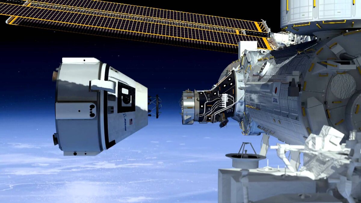 CST-100 Starliner стыкуется с МКС. Рендеринг. Взято из Яндекс-картинок
