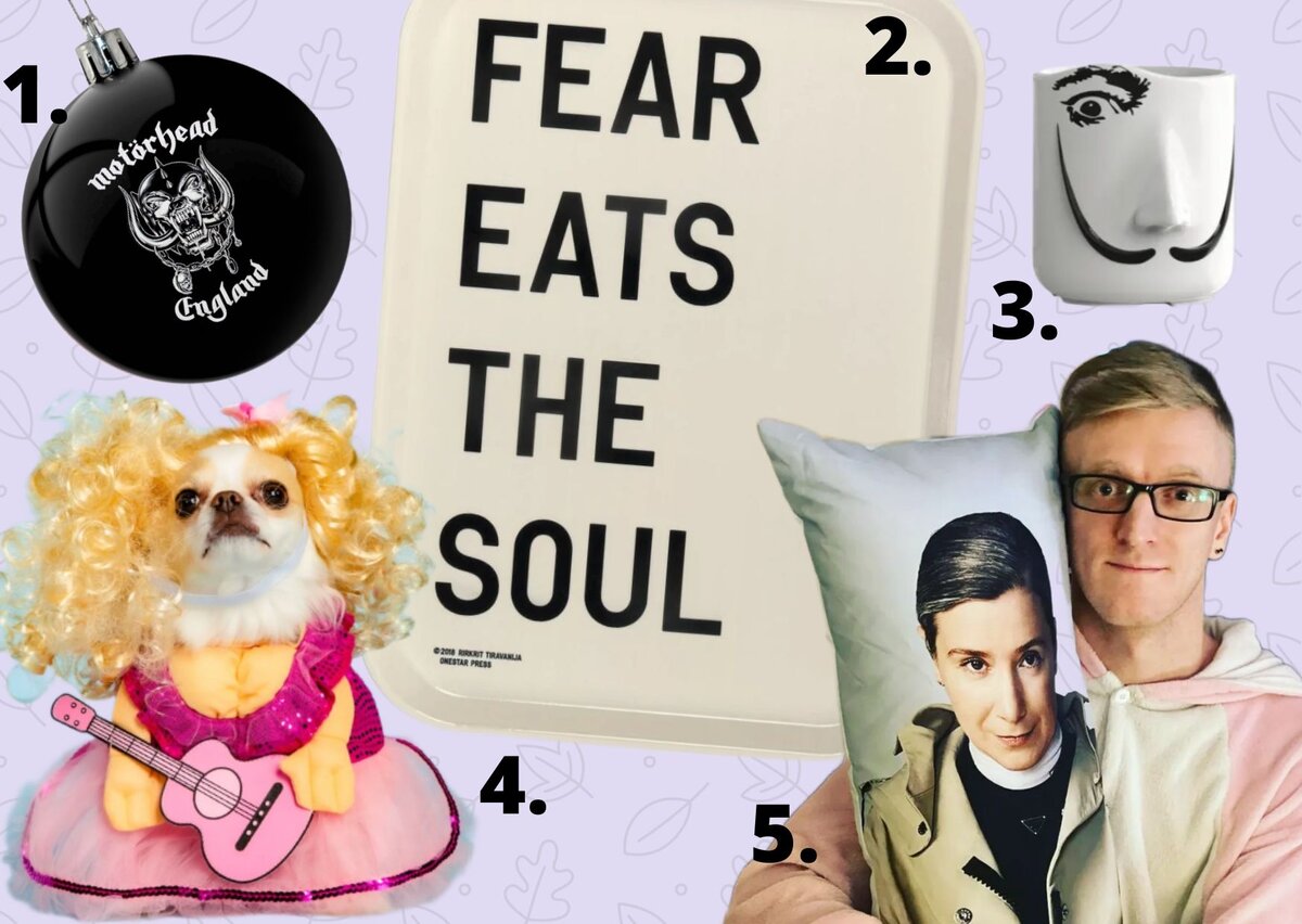 1. Шарик на ёлку для настоящих рокеров 380 руб; 2. Поднос подбадривающий, красивый 140$; 3. Чашка в виде Дали 26,5 фунтов; 4. Собачий костюмчик и парик 29,99$; 5. Ростовая подушка-антистресс с Екатериной Шульман от 4000 руб. (мужчина не продаётся).