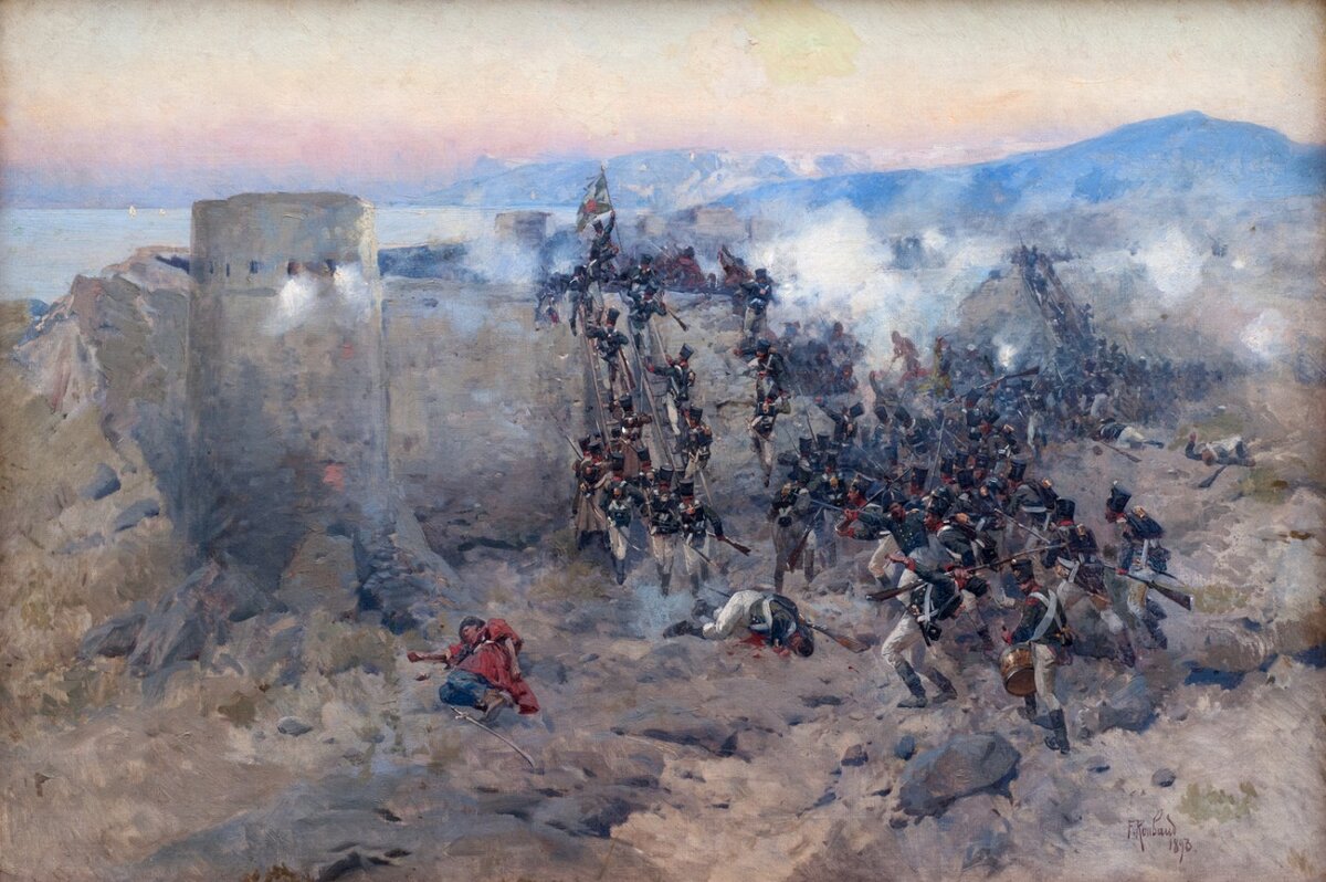 Штурм крепости Ленкорани отрядом генерала П.С. Котляревского в 1813 году. С картины Ф.А. Рубо. Фото из открытых источников