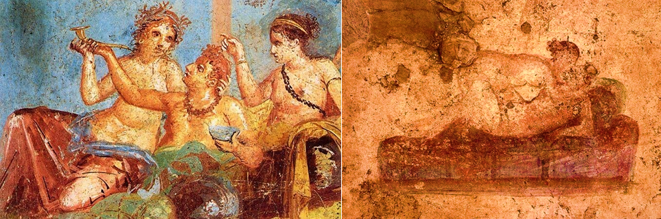 Фрески с эротическими сюжетами, преобладающими на стенах домов античной Помпеи.