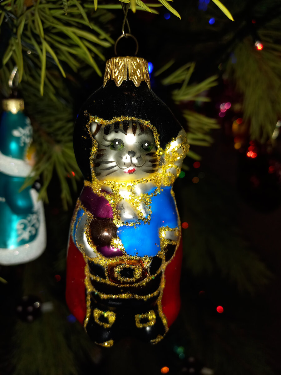 Ёлочная игрушка "Кот в сапогах", стекло, ручная работа