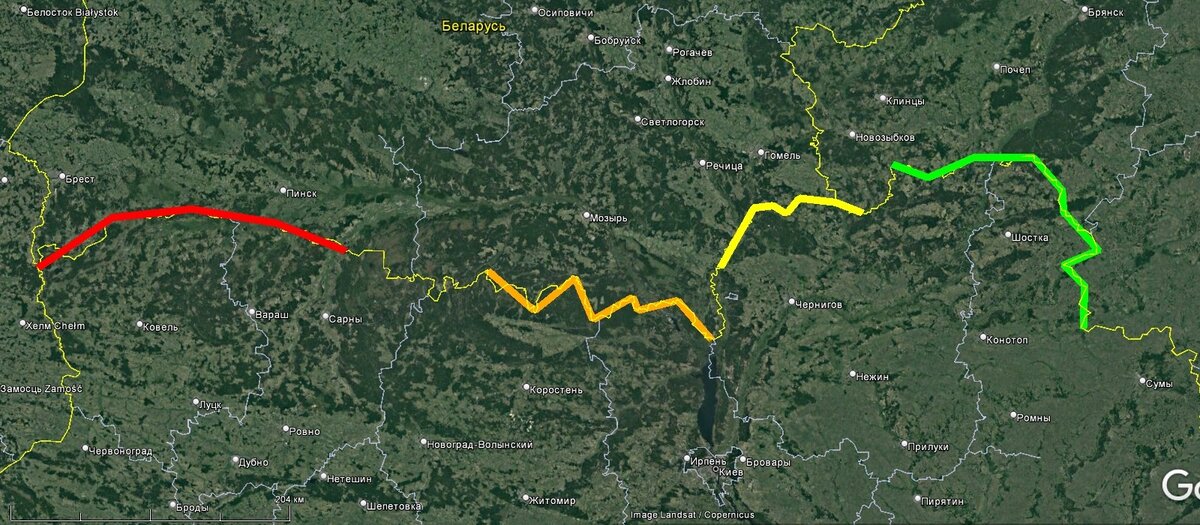 Красным цветом показан условный фронт наступления на ковельском направлении, оранжевым – правобережном, жёлтым – черниговском, зелёным - шосткинском
