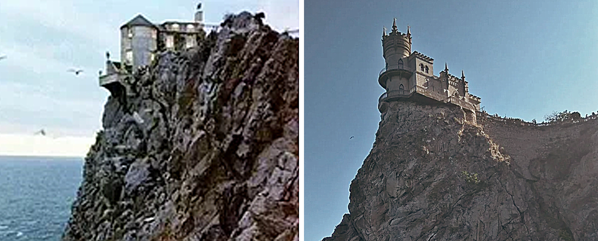 Многие морочат всем голову, рассказывая, что "Ласточкино гнездо" это как раз тот замок, где снимали кино! И, что характерно, многие доверчивые граждане верят. Давайте посмотрим вместе! Мне кажется или  фото слева (а это кадр из фильма) и фото справа (Ласточкино гнездо) имеют общее только одно - скалу (и то с большой натяжкой)? На самом деле, слева это макет, созданный специально для фильма. 