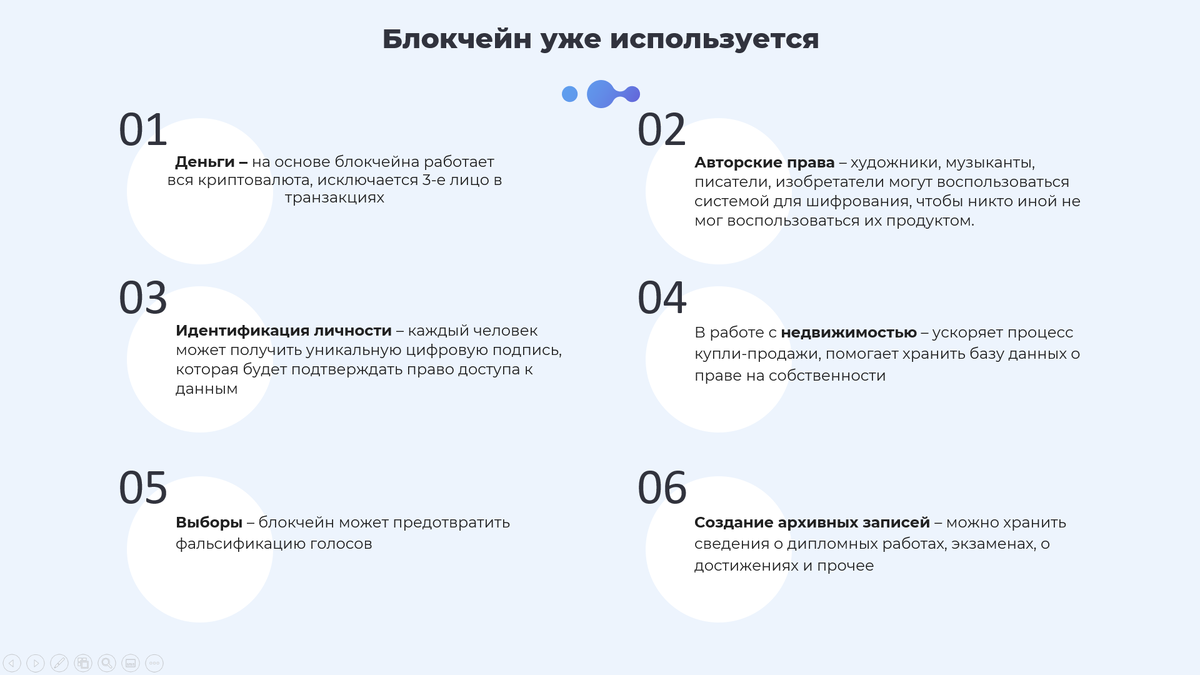 Где применяется блокчейн 
Блокчейн используется в:

• Денежные транзакции, цифровые деньги

• в работе с недвижимостью – ускорит процесс купли-продажи, поможет хранить базу данных о праве на собственности;

• авторские права – художники, музыканты, писатели, изобретатели могут воспользоваться системой для шифрования, чтобы никто иной не мог воспользоваться их продуктом.

• создание архивных записей – можно хранить сведения о дипломных работах, экзаменах, о достижениях и прочее;

• выборы – блокчейн может предотвратить фальсификацию голосов;

