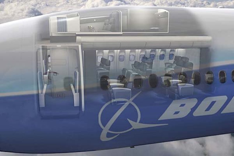 На схеме показано расположение комнаты отдыха для экипажа в самолете Boeing 777 - в верхней части фюзеляжа над первым классом
