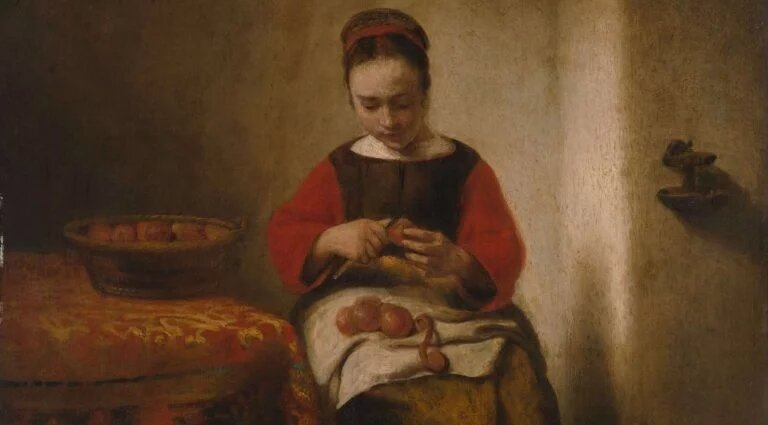 Николас Маес, "Молодая женщина, чистящая яблоки", около 1655 года. Метрополитен-музей искусств, Нью-Йорк, США. 1913 год. Фрагмент.