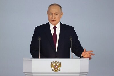    Президент РФ Владимир Путин выступает с ежегодным посланием Федеральному собранию. ©Сергей Карпухин РИА Новости