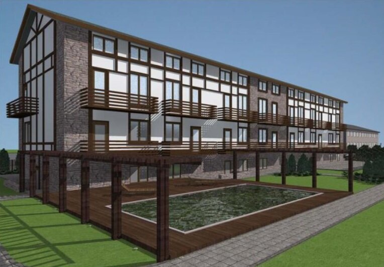 Проект дома с бассейном и прудом в Белокурихе