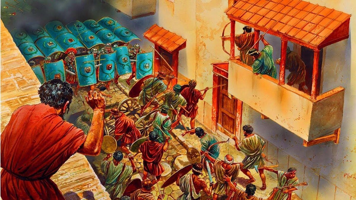 Αντάρτες και Ρωμαίοι στους δρόμους της Ιερουσαλήμ. Πίνακας μοντέρνου καλλιτέχνη