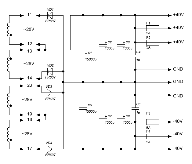 Схема блока питания усилителя мощности