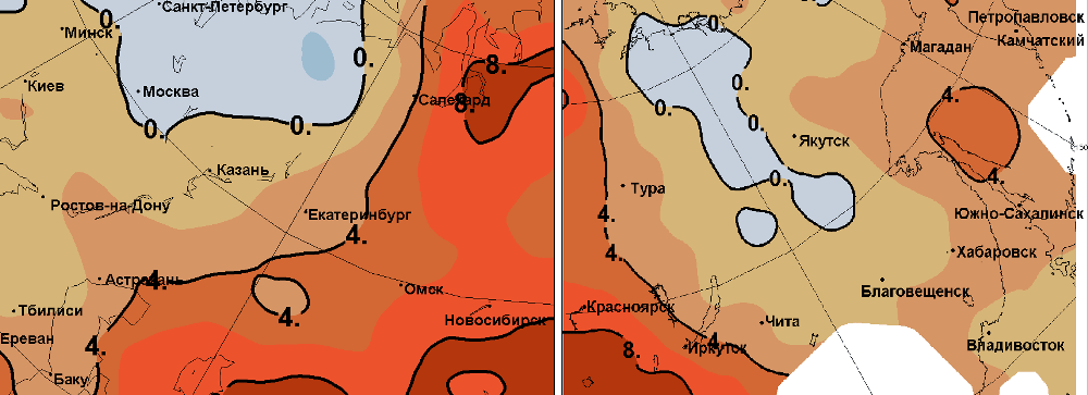 Ожидаемое отклонение температуры воздуха от нормы 4 - 8 апреля по данным Гидрометцентра России (°С)