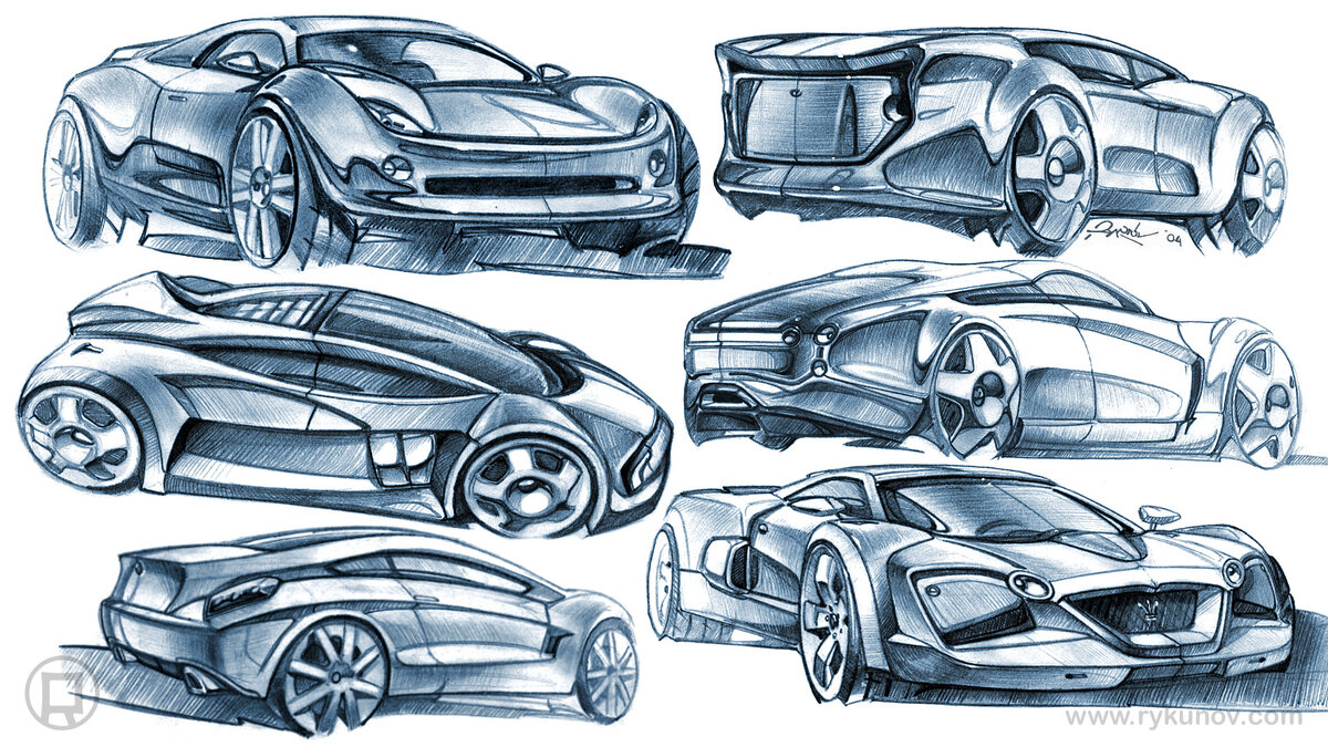 Скетчи автомобильного дизайна за 2004 год. Некоторые вариации на тему внедорожных спорткаров с большими колесами. Суперкары с необычными формами кузова.