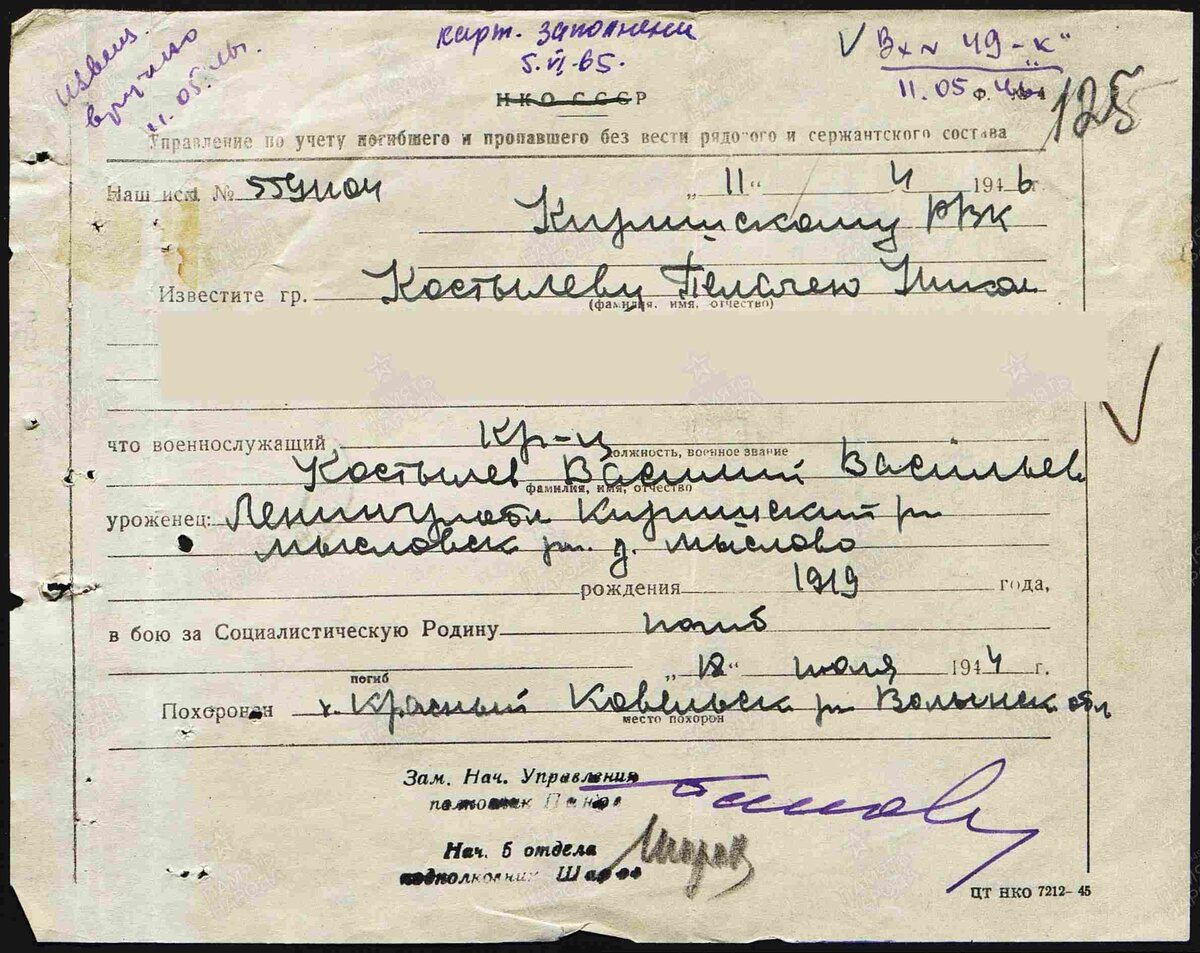 Извещения о смерти Василия Васильевича и Федора Васильевича Костылевых.