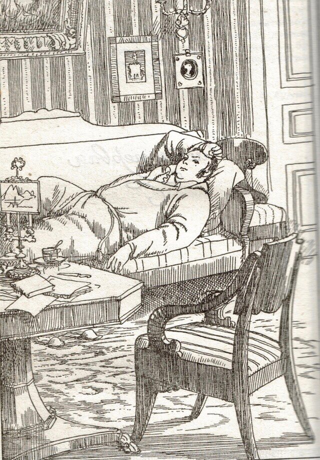 Всю первую главу он не может выйти из дома, к нему постоянно заходят в гости) 