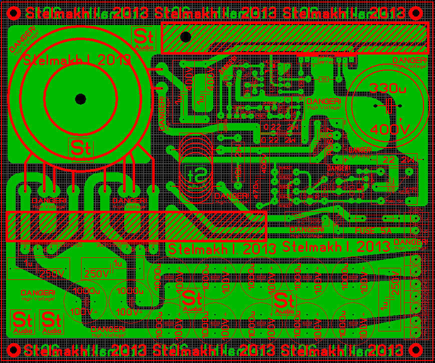 Печатная плата к схеме 1 в окне программы Sprint Layout 5