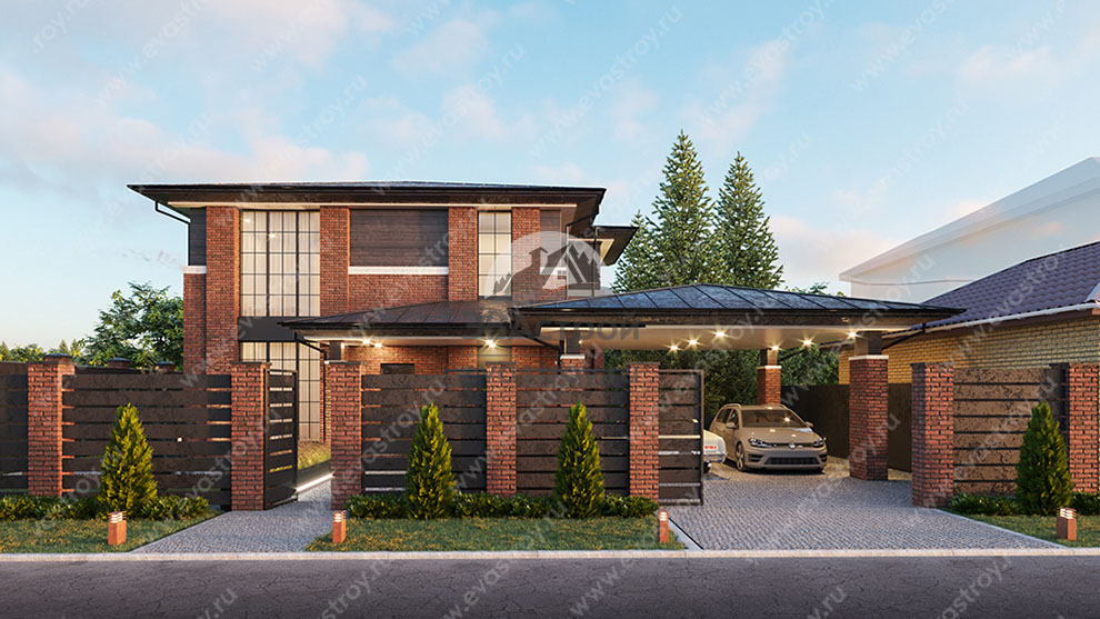 Проект двухэтажного дома 350 м2 в европейском стиле с подвалом, террасой и навесом - KVR-80