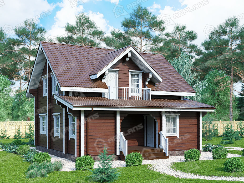 Фото 1 двухэтажного дома из бруса с мансардой, 3 спальнями, балконом, эркером, газовой котельной и террасой. Общая площадь 126 кв м. Источник arplans.ru Проект ДС-133