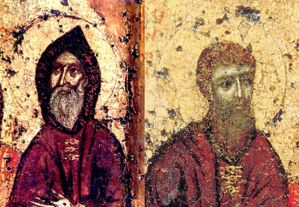 Слева преподобный Антоний Печерский, справа его ученик Феодосий Печерский
