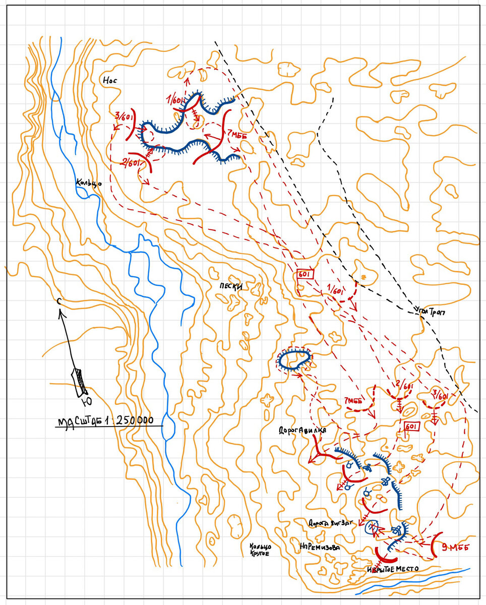 События 23-27 августа 1939. Прорисовка схемы из документа. На схеме не показан ориентир № 7; он находится севернее "Изрытого места", примерно там где обозначена японская артиллерия. Любопытно, что "дорога Зигзаг" находится сравнительно далеко от места боёв; видимо она дана в документе лишь как общее указание района действий. 