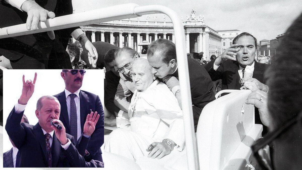 13 мая 1981 года член террористической турецкой группировки "Серые волки" Агджа Мехмет Али, осужденный за убийство турецкого журналиста Абди Ипекчи, совершает побег и покушение на Иоанна Павла II. Что не мешает президенту Турции Раджепу Тайипу Эрдогану приветствовать в 2018 г. в Мерсине,сторонников знаком неофашистского Бозкурт ("Серые волки")